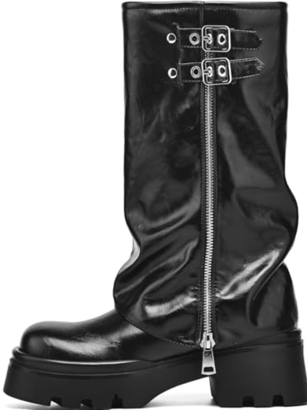 ๐ Women's Knee High Riding Boots Chunky Platform Low Heel Round Toe Moto Boots - Picture 4 of 7
